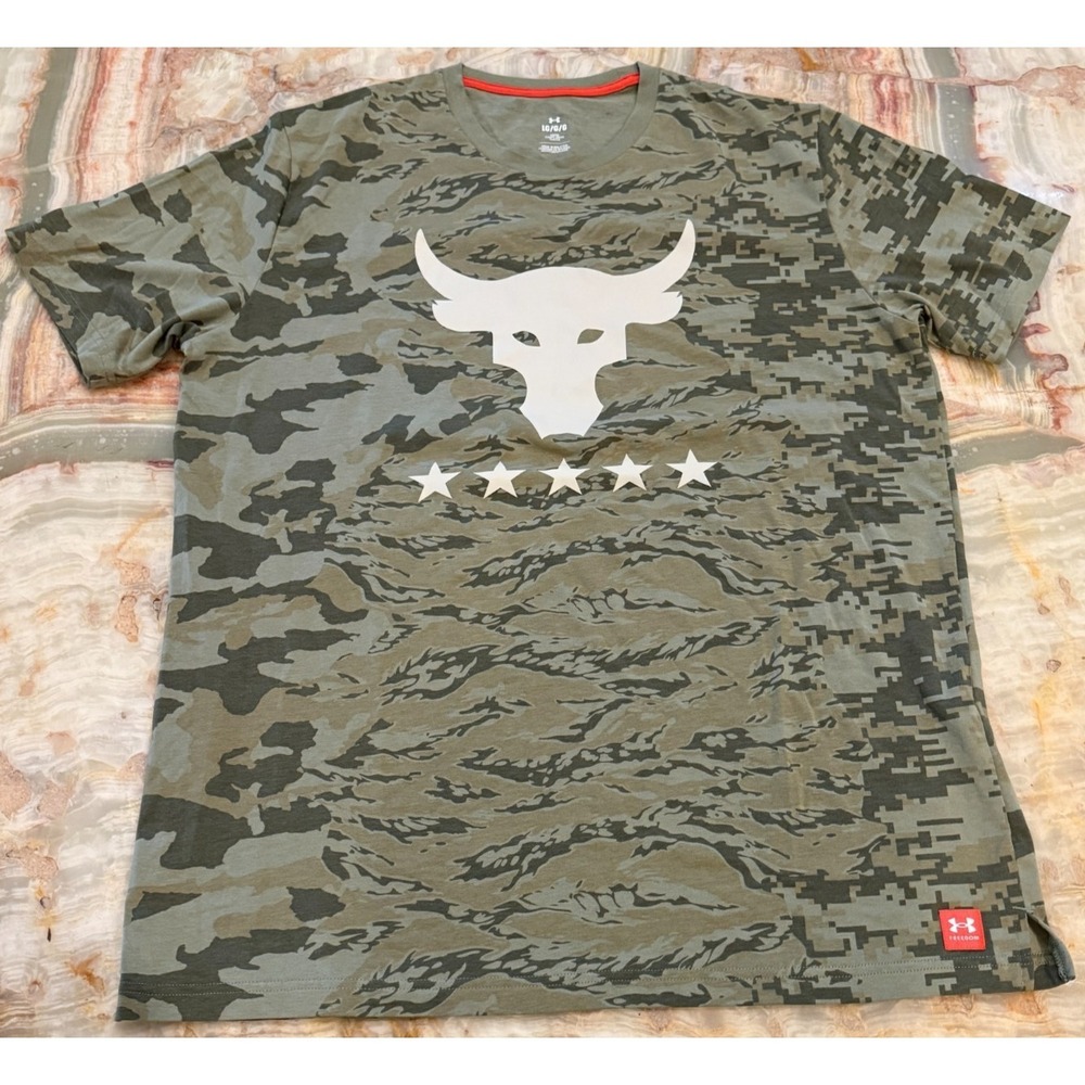 Under Armour Mens T-Shirt Green Camouflage Project Rock Veterans‎ Day Show L